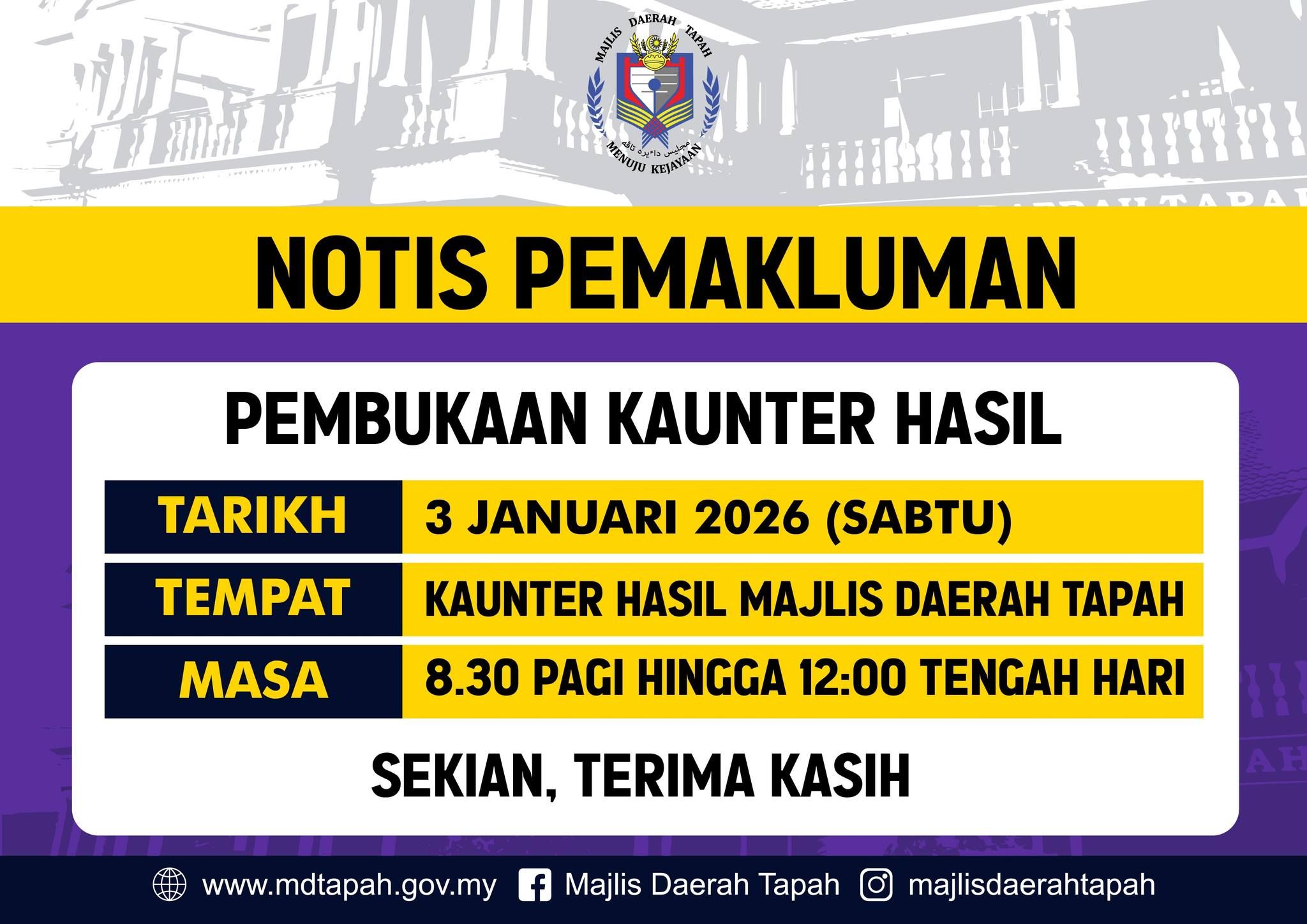 NOTIS PEMAKLUMAN PEMBUKAAN KAUNTER HASIL MDT 2026 (3 JANUARI 2026)