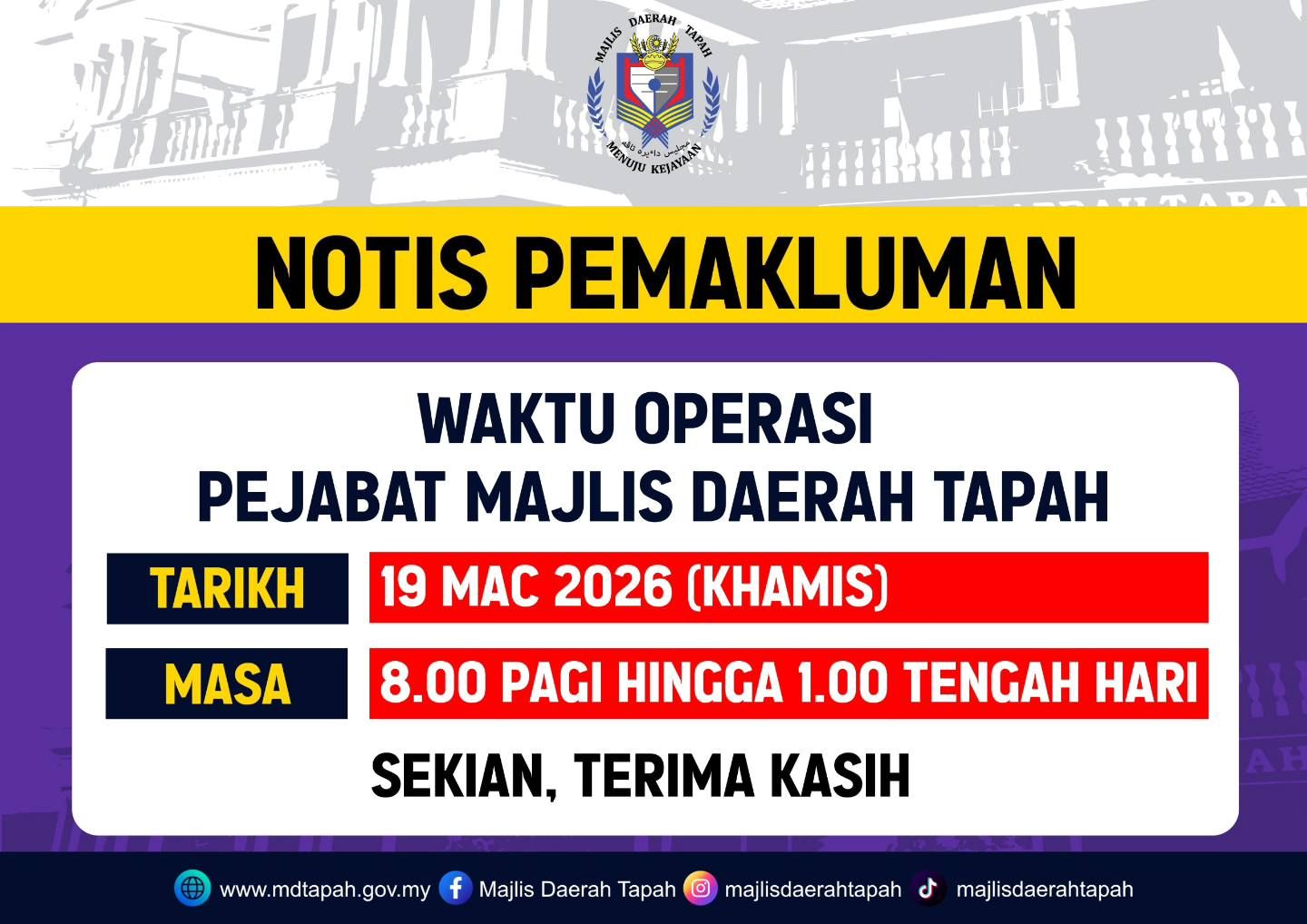 NOTIS PEMAKLUMAN:WAKTU OPERASI KAUNTER HASIL